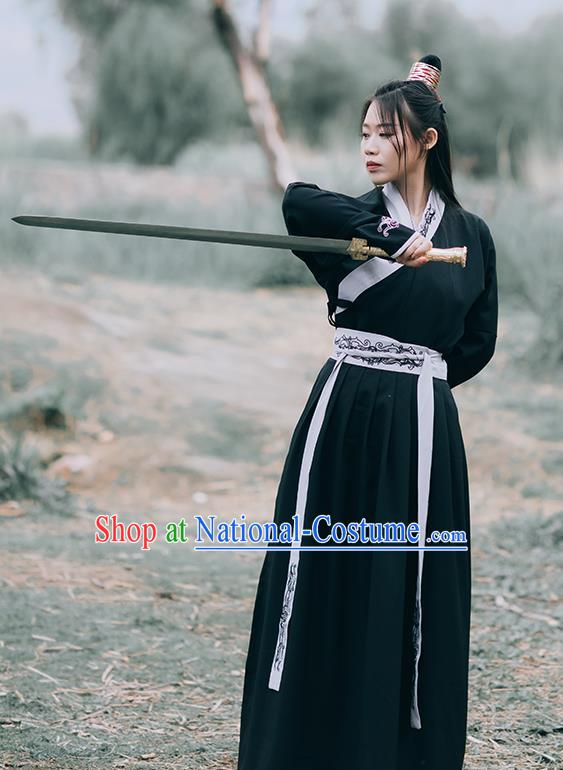 Chinese Ming Dynasty Swordsman Costumes Traditional Hanfu Garment Ancient Young Knight Black Shirt and Skirt Full Set