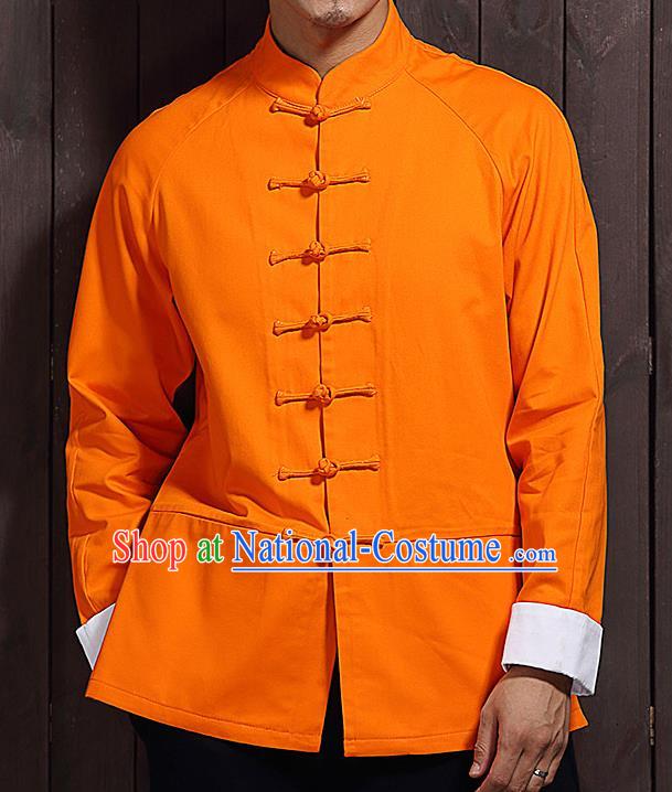 Chinese Traditional Orange Sun Yat Sen Jacket Tang Suit Overcoat Outer Garment Stand Collar Costumes for Men