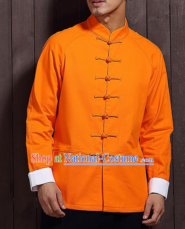 Chinese Traditional Orange Sun Yat Sen Jacket Tang Suit Overcoat Outer Garment Stand Collar Costumes for Men