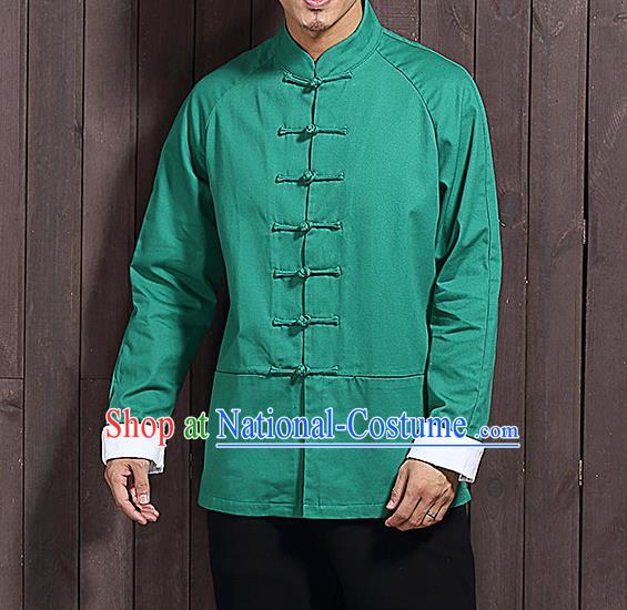 Chinese Traditional Green Sun Yat Sen Jacket Tang Suit Overcoat Outer Garment Stand Collar Costumes for Men