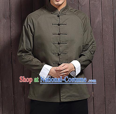 Chinese Traditional Army Green Sun Yat Sen Jacket Tang Suit Overcoat Outer Garment Stand Collar Costumes for Men