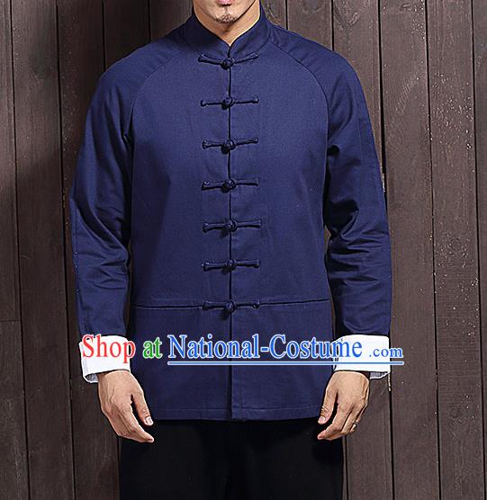 Chinese Traditional Navy Blue Sun Yat Sen Jacket Tang Suit Overcoat Outer Garment Stand Collar Costumes for Men