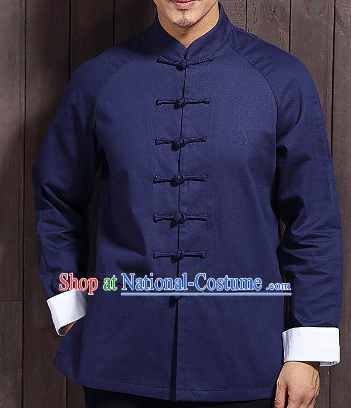 Chinese Traditional Navy Blue Sun Yat Sen Jacket Tang Suit Overcoat Outer Garment Stand Collar Costumes for Men