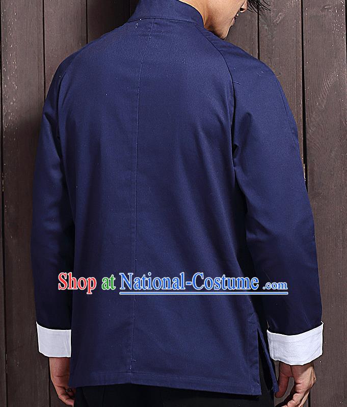 Chinese Traditional Navy Blue Sun Yat Sen Jacket Tang Suit Overcoat Outer Garment Stand Collar Costumes for Men