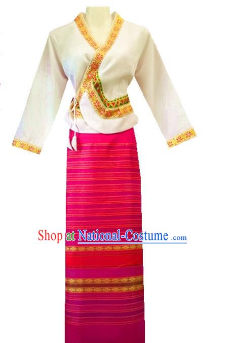 Chinese Dai Nationality Costumes Traditional Dai Ethnic Work White Blouse and Rosy Skirt for Women