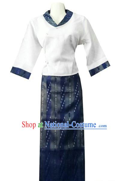 Chinese Dai Nationality Costumes Traditional Dai Ethnic Work White Blouse and Navy Skirt Outfits for Women