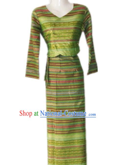 Chinese Dai Nationality Folk Dance Costumes Traditional Dai Ethnic Stage Show Green Blouse and Straight Skirt for Women