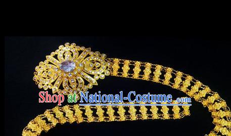 Chinese Dai Nationality Folk Dance Golden Belt Waistband Traditional Ethnic Crystal Waist Accessories for Women