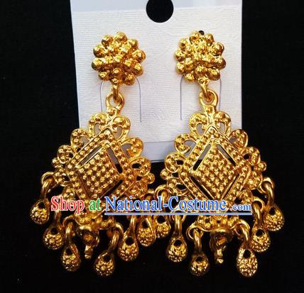 Chinese Dai Nationality Golden Earrings Traditional Ethnic Folk Dance Ear Accessories for Women