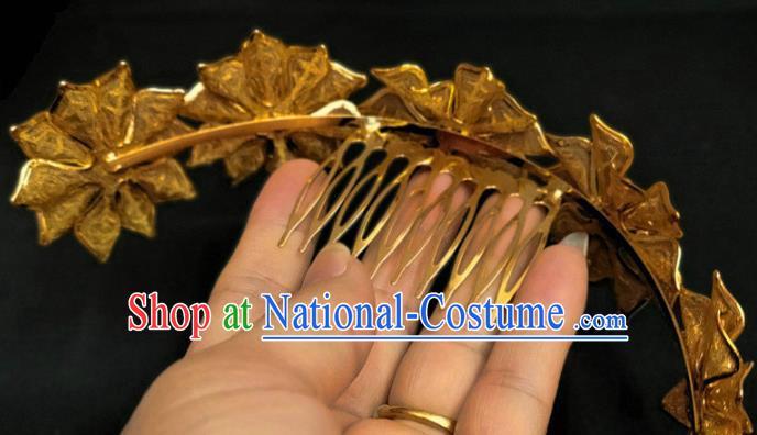 Chinese Dai Nationality Flowers Hairpin Traditional Ethnic Hair Accessories Handmade Dance Golden Hair Combfor Women