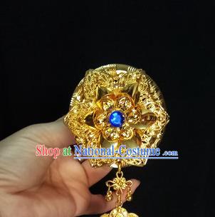 Chinese Dai Nationality Blue Crystal Hairpin Traditional Ethnic Hair Accessories Handmade Dance Golden Tassel Hair Clip for Women