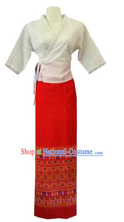 Chinese Dai Nationality Stage Show Outfit Costumes Traditional Dai Ethnic Folk Dance White Blouse and Red Straight Skirt Complete Set