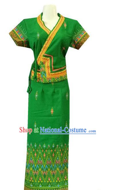 Chinese Dai Nationality Stage Show Green Outfit Costumes Traditional Dai Ethnic Folk Dance Blouse and Straight Skirt Complete Set