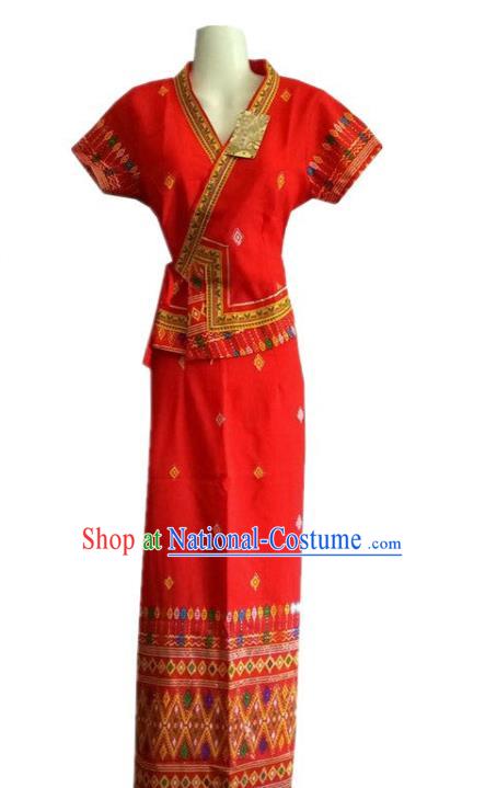 Chinese Dai Nationality Stage Show Red Outfit Costumes Traditional Dai Ethnic Folk Dance Blouse and Straight Skirt Complete Set