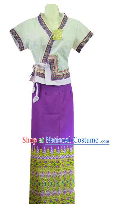 Chinese Dai Nationality Stage Show Outfit Costumes Traditional Dai Ethnic Folk Dance White Blouse and Purple Straight Skirt Complete Set