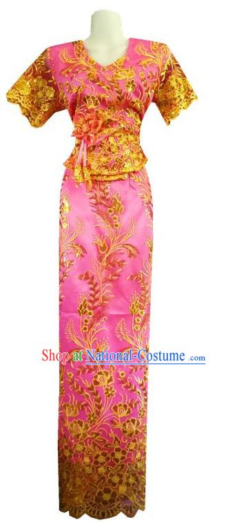 Chinese Dai Nationality Embroidered Outfit Costumes Traditional Dai Ethnic Folk Dance Pink Blouse and Straight Skirt Full Set