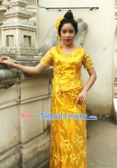 Golden Chinese Dai Nationality Embroidered Outfit Costumes Traditional Dai Ethnic Folk Dance Blouse and Straight Skirt Full Set