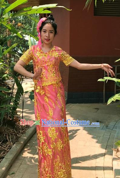 Chinese Dai Nationality Embroidered Outfit Costumes Traditional Dai Ethnic Folk Dance Pink Blouse and Straight Skirt Full Set