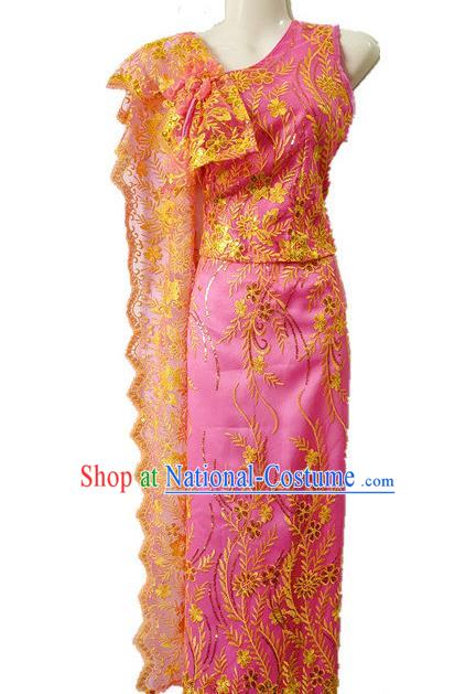 Traditional Chinese Dai Nationality Embroidered Pink Outfit Costumes Dai Ethnic Dance Blouse and Straight Skirt with Tippet Veil