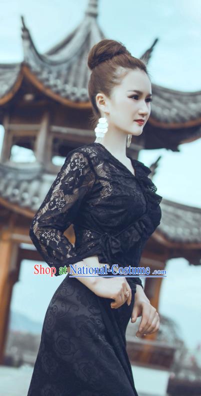 Traditional Chinese Dai Nationality Black Lace Blouse and Straight Skirt Outfit Dai Ethnic Dance Fashion Costumes