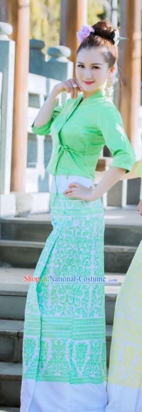 Chinese Dai Nationality Fashion Costumes Traditional Dai Ethnic Dance Stage Performance Green Blouse and Straight Skirt Outfits