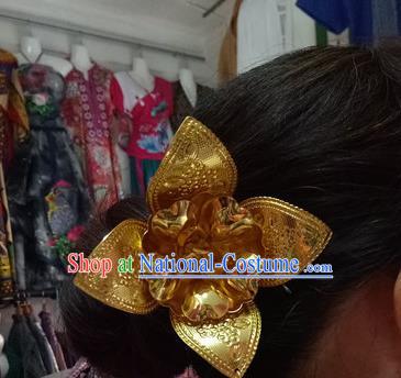 Chinese Dai Nationality Water Sprinkling Festival Tassel Hairpin Traditional Ethnic Dance Hair Accessories Handmade Golden Flowers Hair Clip for Women