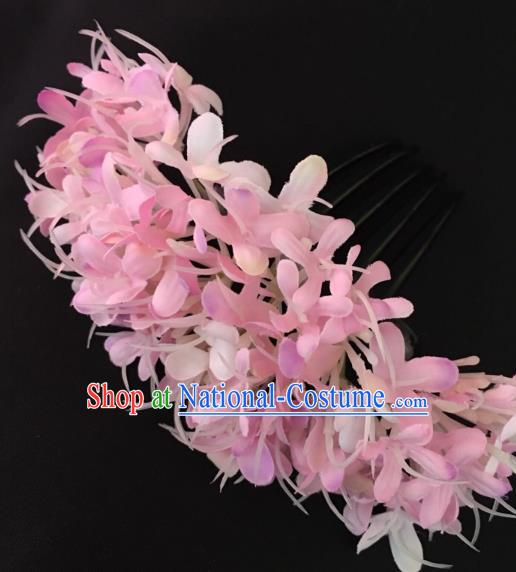 Chinese Dai Nationality Dance Pink Flowers Hairpin Traditional Ethnic Hair Accessories Handmade Hair Comb for Women