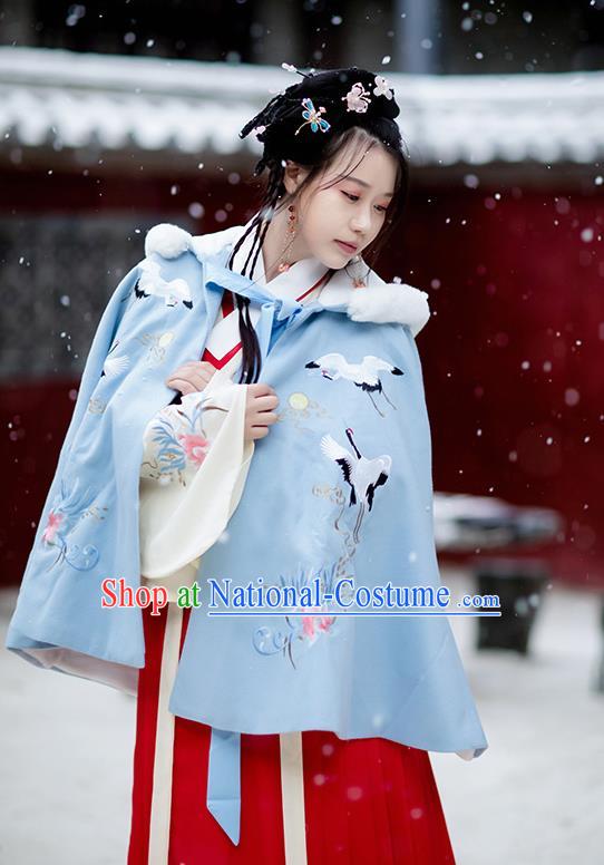 Chinese Ming Dynasty Young Lady Costumes Traditional Hanfu Garment Ancient Embroidered Crane Blue Short Cloak for Women