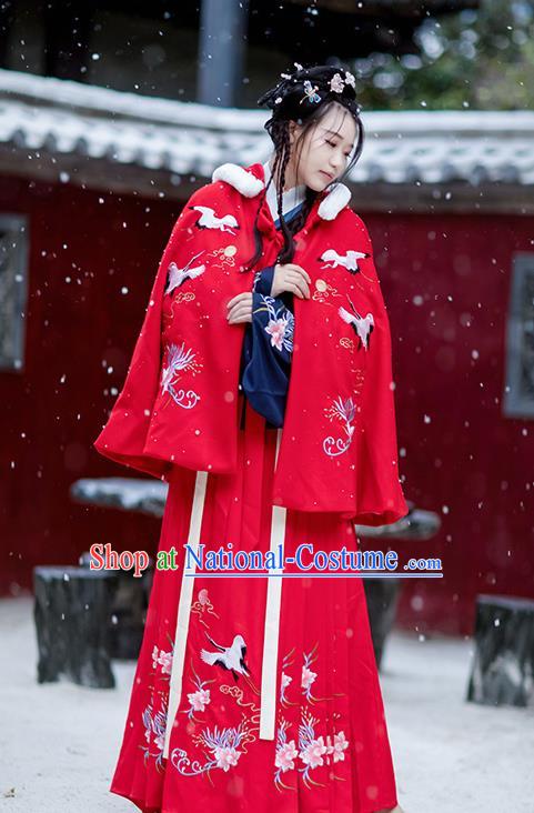 Chinese Ming Dynasty Woolen Costumes Traditional Winter Hanfu Garment Ancient Embroidered Crane Red Short Cloak for Women