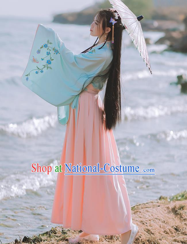 Chinese Jin Dynasty Patrician Lady Costumes Traditional Ancient Princess Hanfu Garment Embroidered Blouse and Skirt Full Set