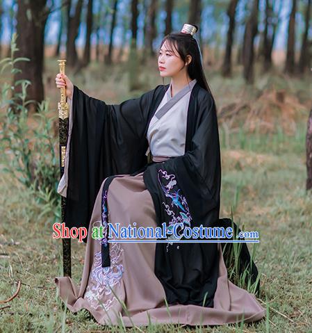 Chinese Jin Dynasty Young Swordsman Costumes Traditional Ancient Scholar Hanfu Garment Embroidered Black Cape Shirt and Skirt Full Set