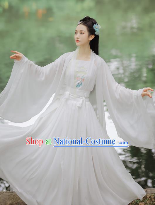 Chinese Ming Dynasty Young Female Costumes Traditional Hanfu Apparels Ancient Nobility Lady White Cape Blouse and Skirt Complete Set