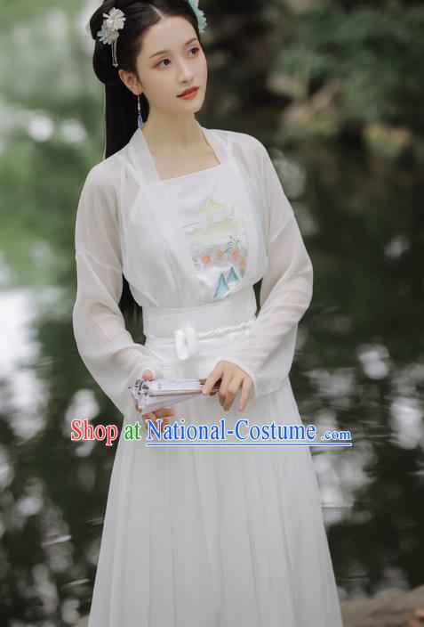 Chinese Ming Dynasty Young Female Costumes Traditional Hanfu Apparels Ancient Nobility Lady White Cape Blouse and Skirt Complete Set