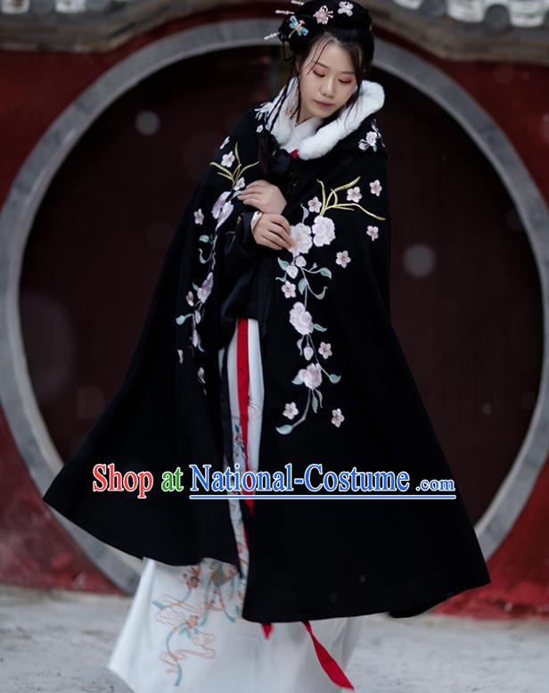 Chinese Ming Dynasty Embroidered Peony Cloak Costumes Traditional Ancient Hanfu Garment Winter Black Woolen Cape for Women