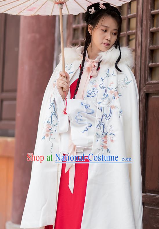 Chinese Ming Dynasty Embroidered White Hooded Cloak Costumes Traditional Ancient Hanfu Garment Winter Woolen Cape for Women