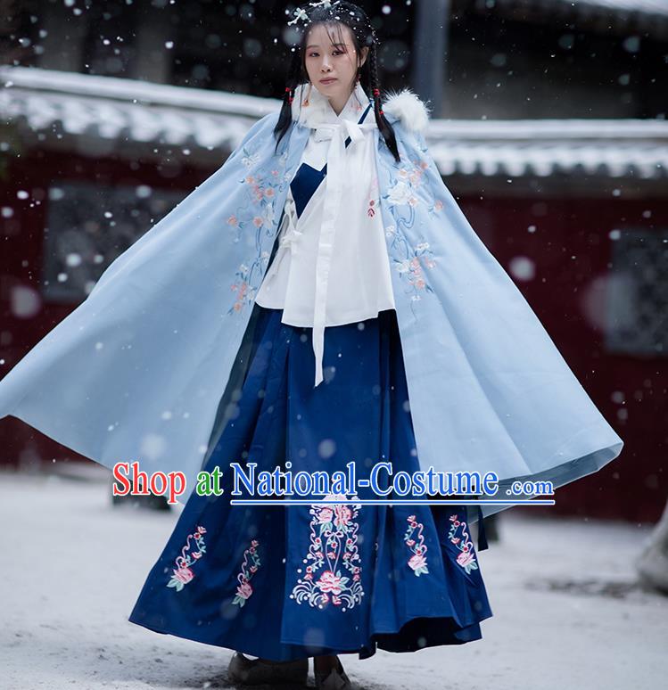 Chinese Ming Dynasty Embroidered Blue Hooded Cloak Costumes Traditional Ancient Hanfu Garment Winter Woolen Cape for Women