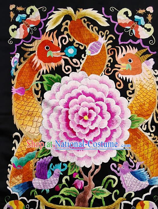 Chinese Traditional Embroidered Yellow Dragon Peony Fabric Patches Handmade Embroidery Craft Miao Ethnic Accessories Embroidering Applique