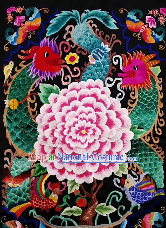 Chinese Traditional Embroidered Green Dragon Peony Fabric Patches Handmade Embroidery Craft Miao Ethnic Accessories Embroidering Applique