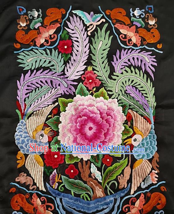 Chinese Traditional Embroidered Pink Peony Fabric Patches Handmade Embroidery Craft Miao Ethnic Accessories Embroidering Blue Phoenix Applique