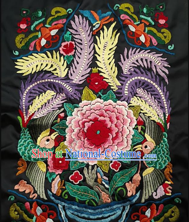 Chinese Traditional Embroidered Pink Peony Fabric Patches Handmade Embroidery Craft Miao Ethnic Accessories Embroidering Green Phoenix Applique