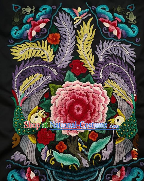 Chinese Traditional Embroidered Red Peony Fabric Patches Handmade Embroidery Craft Miao Ethnic Accessories Embroidering Green Phoenix Applique