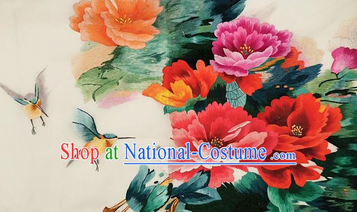 Chinese Traditional Embroidered Peony Birds Fabric Patches Handmade Embroidery Craft Embroidering Cloth Decorative Painting