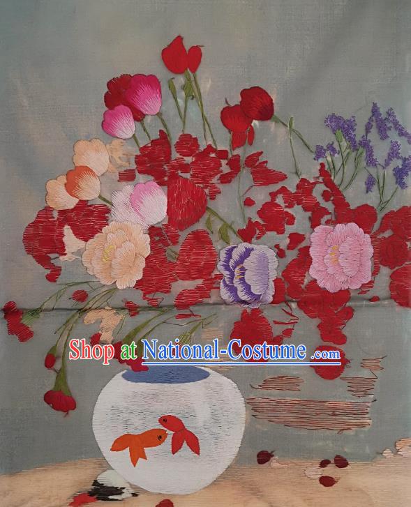 Chinese Traditional Embroidered Colorful Flowers Decorative Painting Handmade Embroidery Craft Embroidering Goldfish Cloth Picture