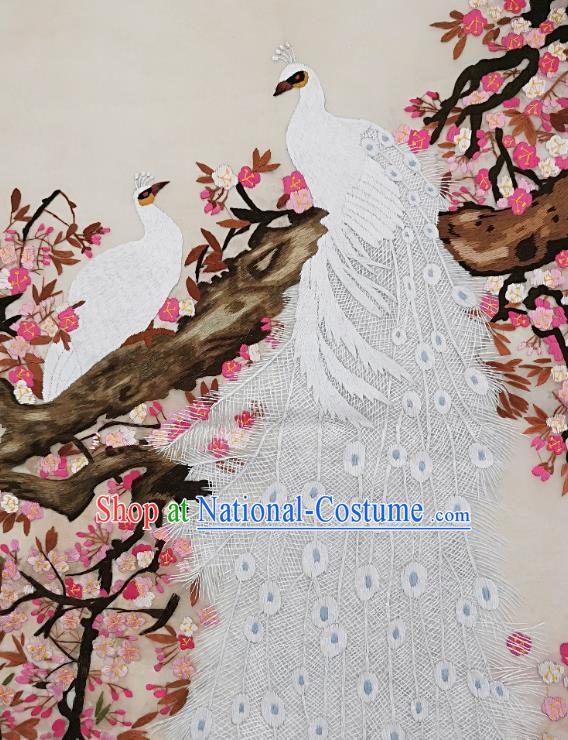 Chinese Traditional Embroidered White Peacock Decorative Painting Handmade Embroidery Craft Embroidering Peach Blossom Cloth Picture