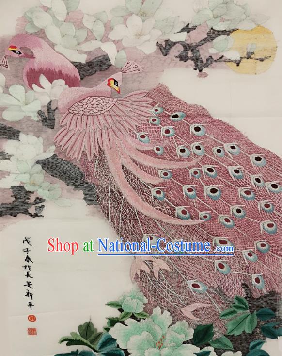 Chinese Traditional Embroidered Pink Peacock Decorative Painting Handmade Embroidery Craft Embroidering Yulan Magnolia Cloth Picture