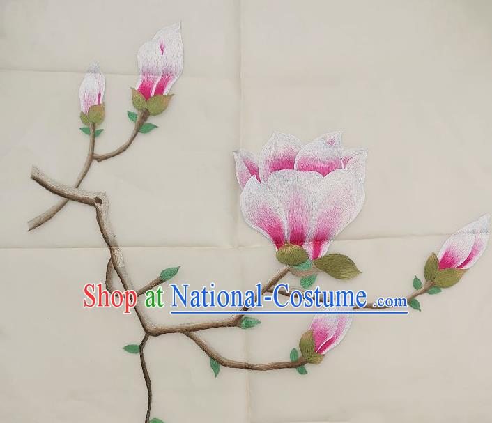 Traditional Chinese Embroidered Pink Magnolia Fabric Patches Handmade Embroidery Craft Accessories Embroidering Flowers Applique