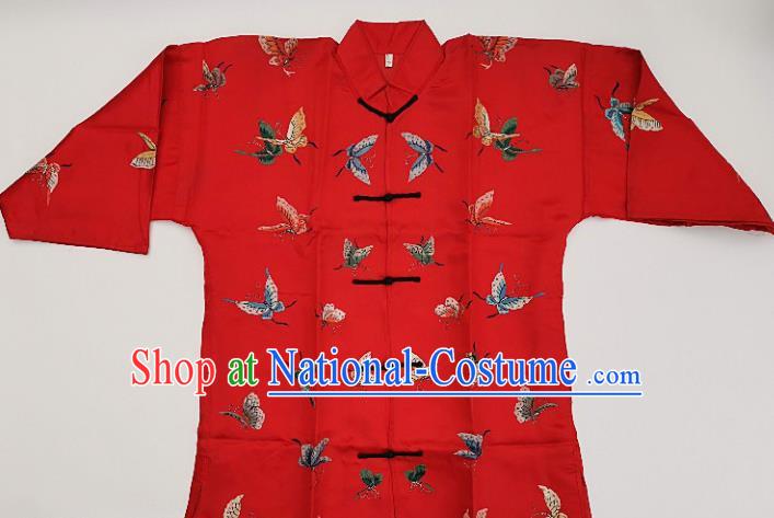 Chinese Traditional Embroidered Butterfly Red Blouse Handmade Embroidery Costume Tang Suit Upper Outer Garment for Women