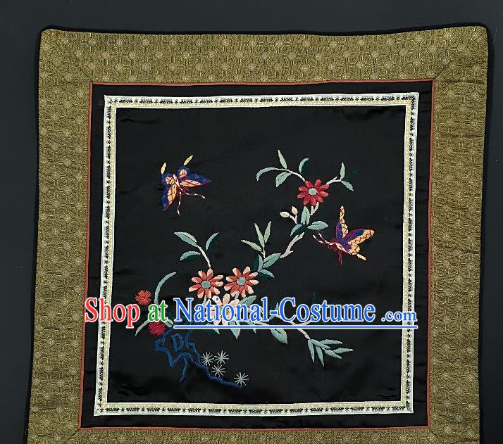 Traditional Chinese Embroidered Orchid Butterfly Fabric Patches Handmade Embroidery Craft Accessories Embroidering Black Silk Cushion Applique