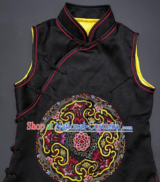 Chinese Traditional Embroidered Black Silk Vest Handmade Embroidery Costume Tang Suit Waistcoat for Adult