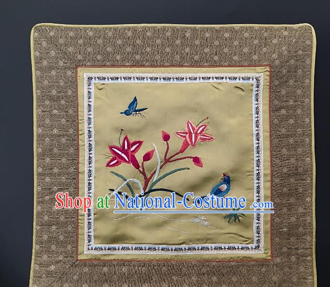 Traditional Chinese Embroidered Red Orchid Fabric Patches Handmade Embroidery Craft Accessories Embroidering Bird Yellow Silk Cushion Applique